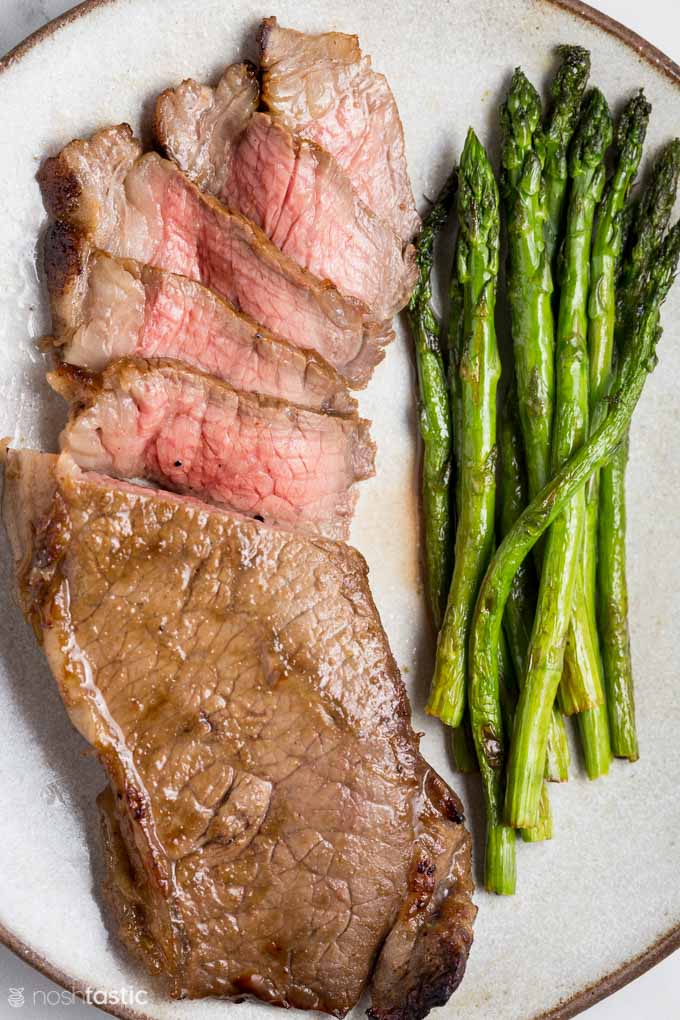 Air Fryer Strip Steak with asparagus