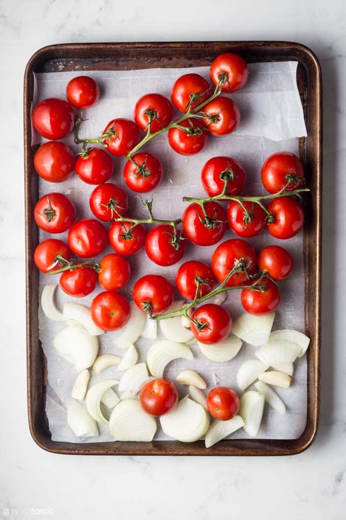 vegetables on a sheet pan for making instant pot tomato basil soup
