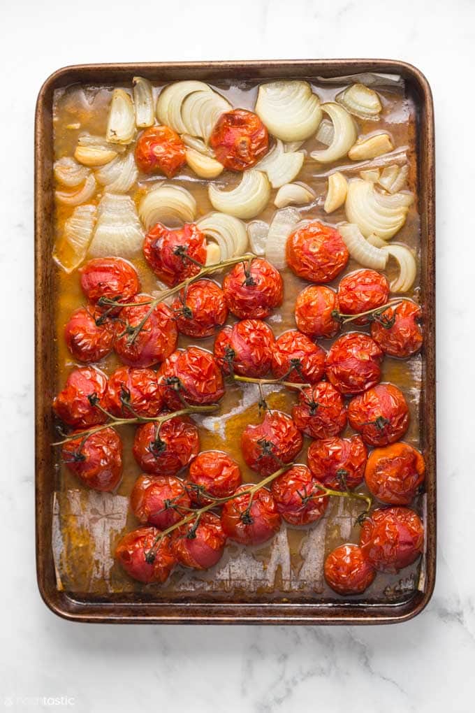 roasted vegetables on a sheet pan for making instant pot tomato basil soup