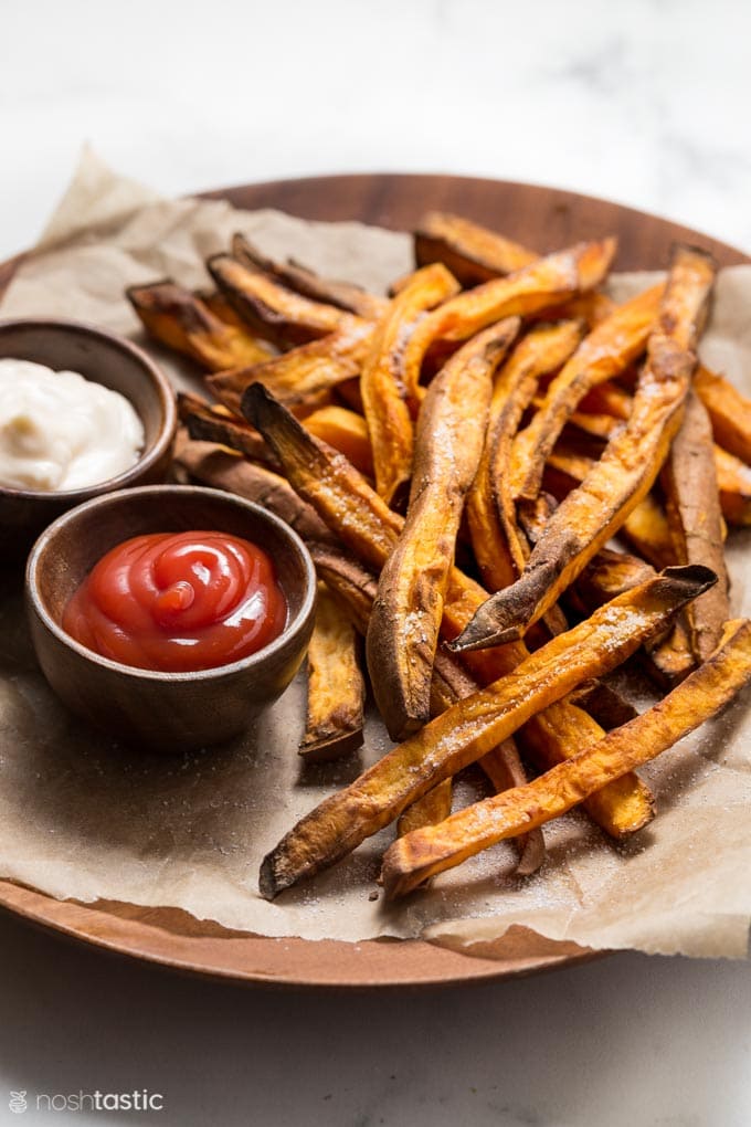 Air Fryer Sweet Potato Fries with ketchup and mayo