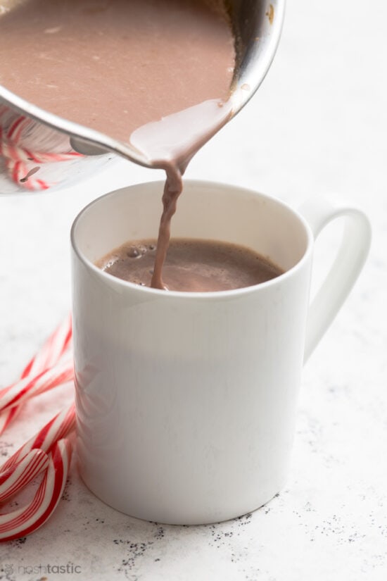 hot chocolate poured into a mug