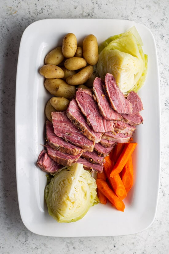 corned beef and vegetables on a platter