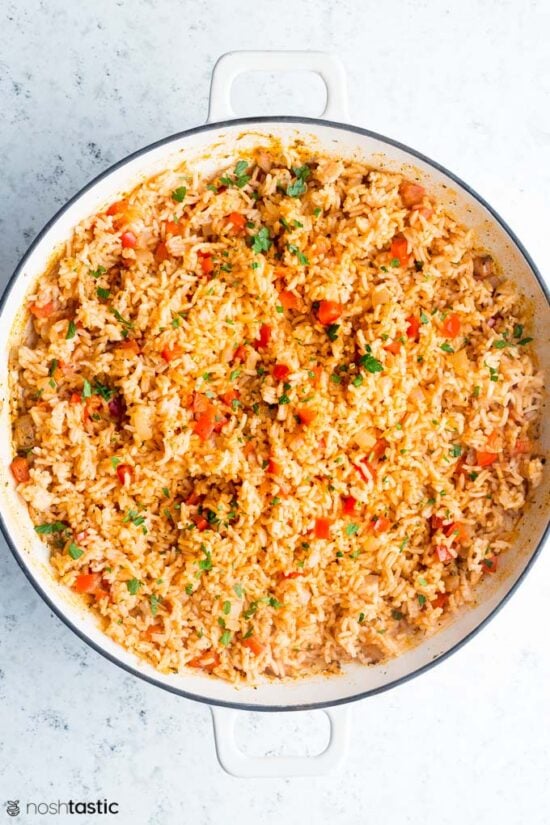 cooked spanish rice in a pan