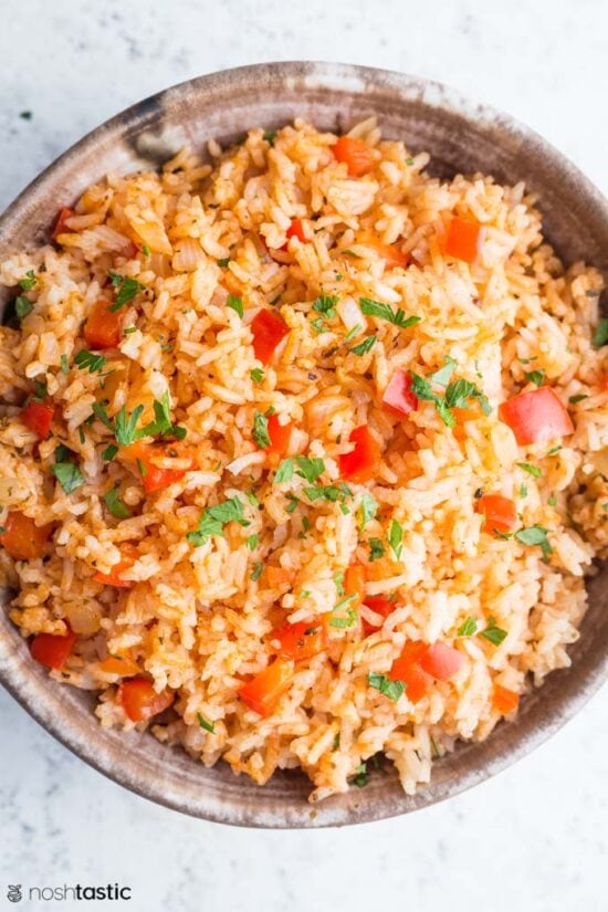 overhead image of spanish rice in a bowl
