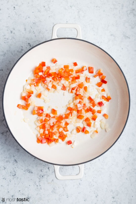 diced Bell peppers in a pan