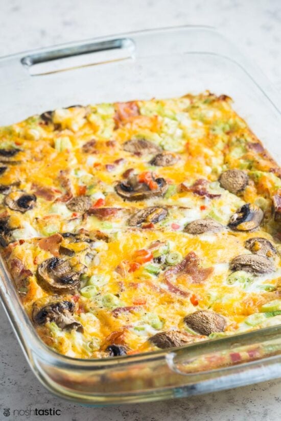 baked breakfast casserole with mushrooms an bell peppers