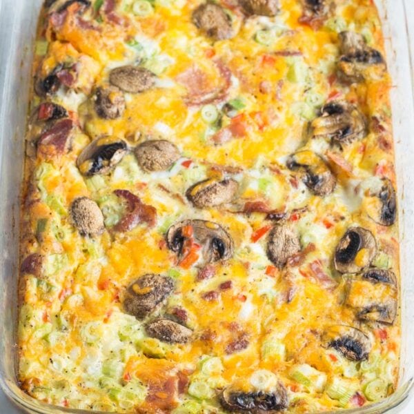 breakfast casserole in glass baking pan