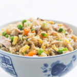 Fried rice in blue and white bowl