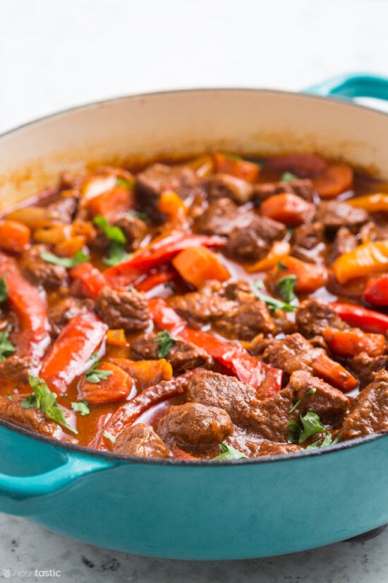 Hungarian Goulash in a green pan