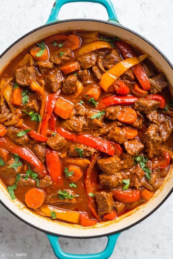 close up of Hungarian Goulash in pan