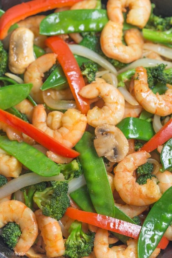 close up of shrimp vegetable stir fry