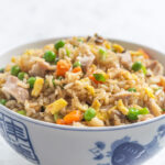 rice and vegetables in blue and white bowl