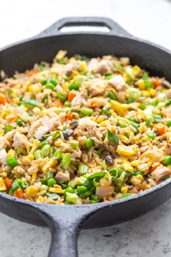 egg fried rice in cast iron skillet