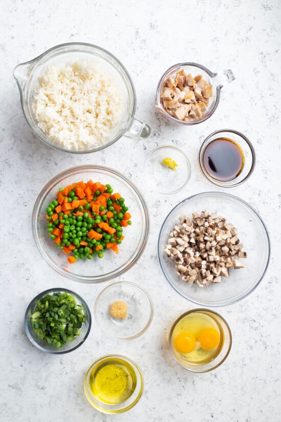 Bowls of ingredients for making fried rice