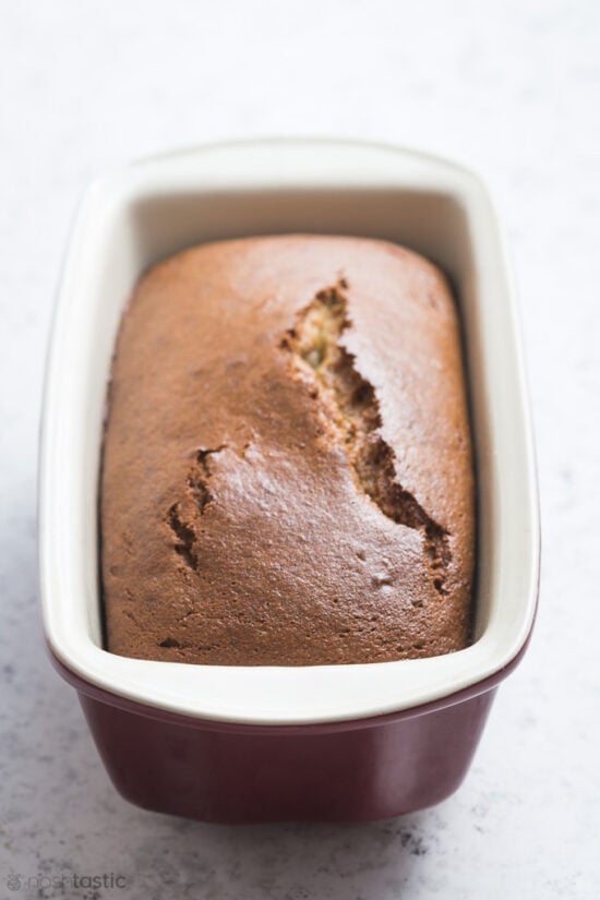 baked gluten free banana bread in a loaf pan