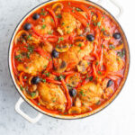 chicken cacciatore in a white pan