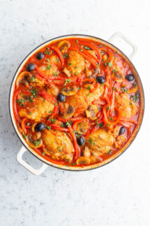 chicken cacciatore in a white pan