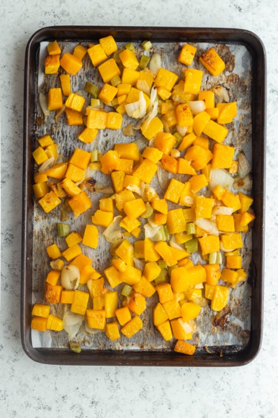 chopped butternut on a sheet pan