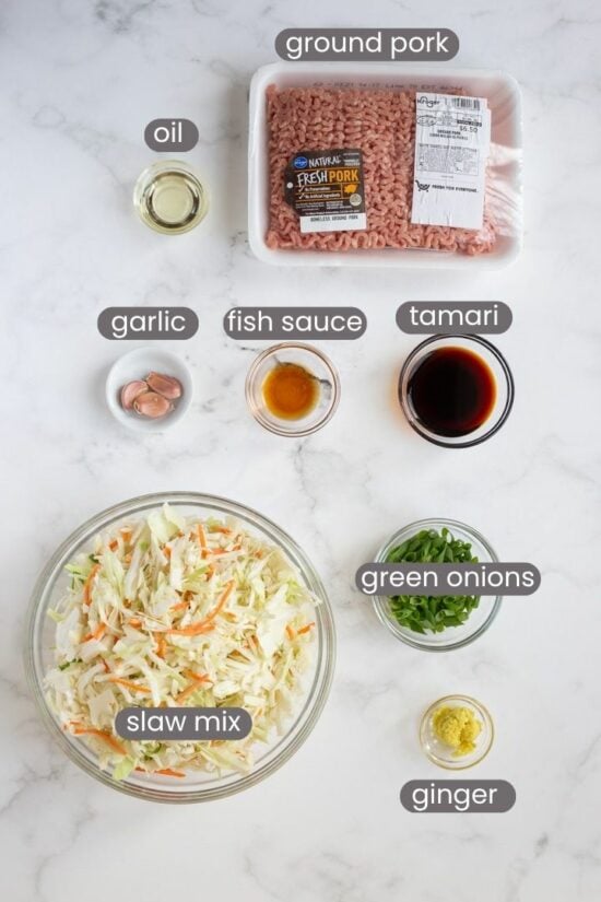 labeled ingredients for egg roll in a bowl